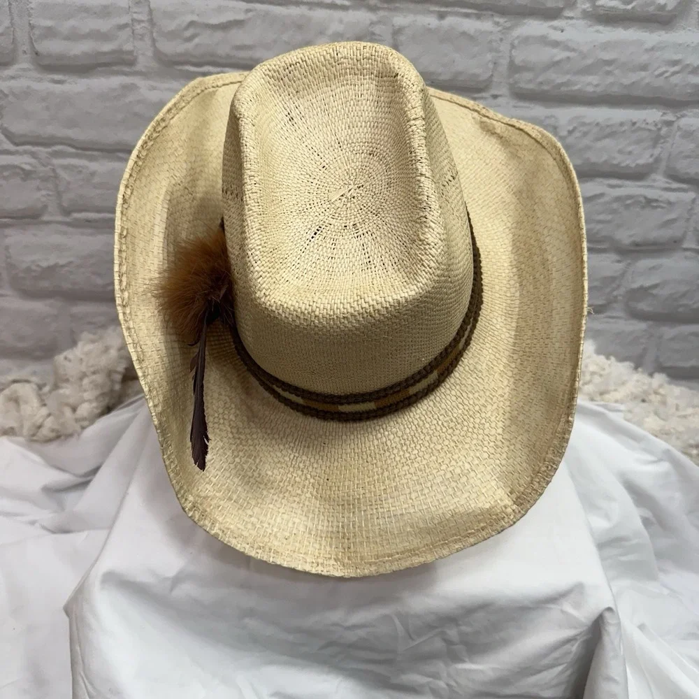 Rodeo Straw Cowboy Hat Brown Band‎ & Feather Size 7 1/4 Western Wear Ranch King